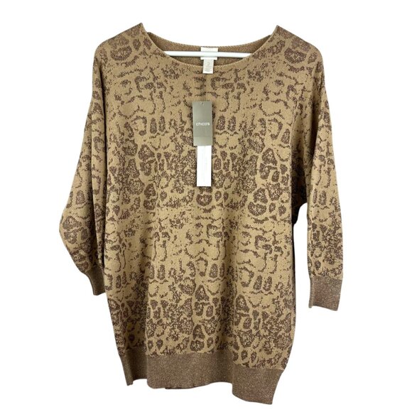 Chico's Sweaters - Chicos Sweater Womens 2 Large Tan Animal Print Loose Fit Oversized Tunic Neutral